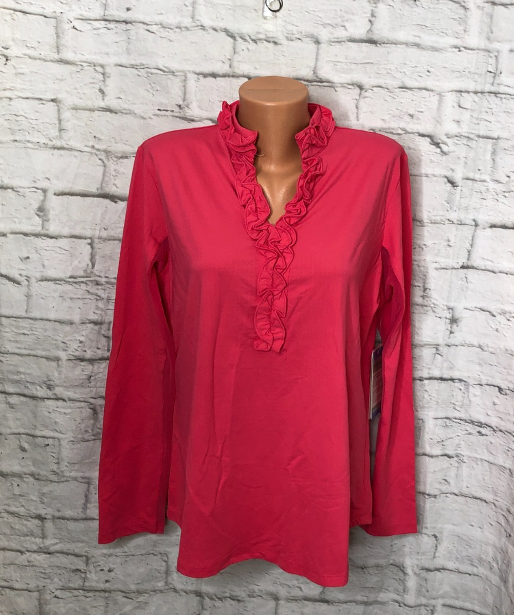 NWT GOTTEX G LIFESTYLE Coral Double Ruffle Long Sleeve Golf Shirt Size XL